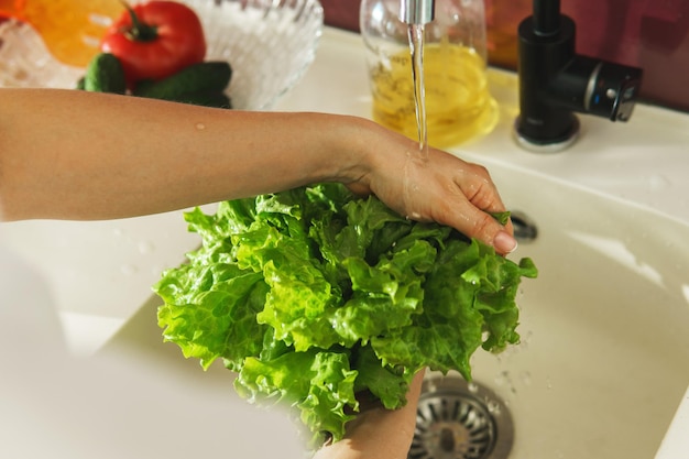 Крупный план женских рук, моющих листья салата в водопроводной воде