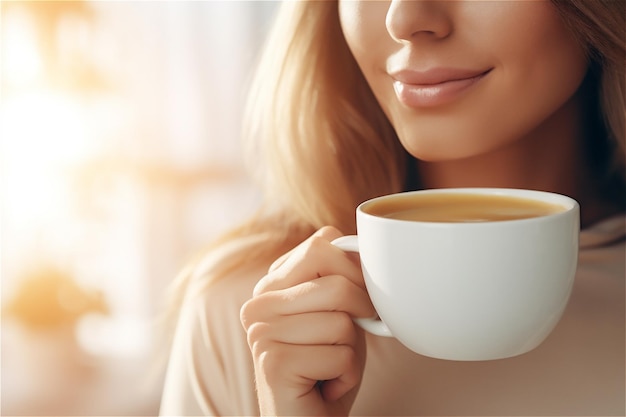 Closeup of female hands with a mug of beverage Beautiful girl holding cup of coffee in the morning