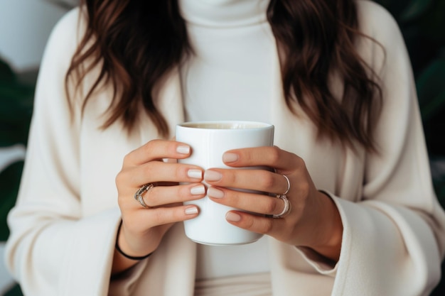 Closeup of female hands with a mug of beverage Girl holding cup of tea or coffee Generative AI