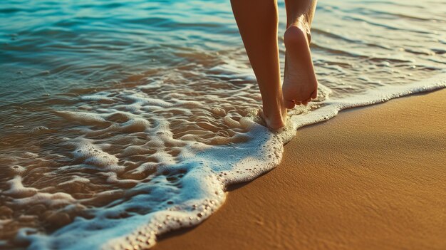 海辺を歩く女性の足のクローズアップ