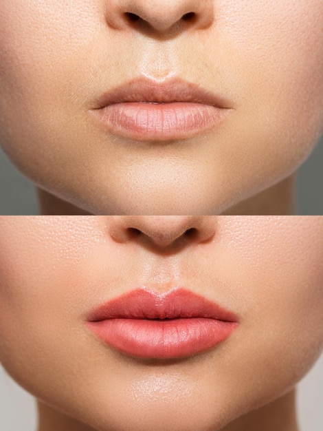 Closeup of female lips after permanent makeup lip blushing procedure