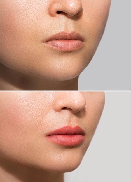 Closeup of female lips after permanent makeup lip blushing procedure