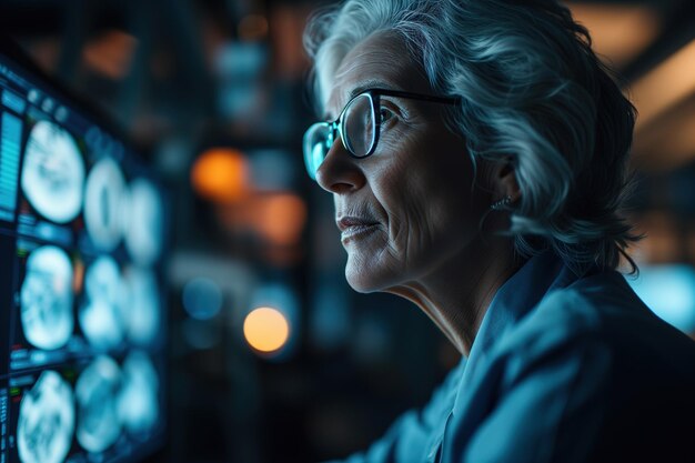 Closeup of a female neurosurgeon analyzing xray images of brain side view of a senior experienced doctor examining tomography on monitors in a modern hospital