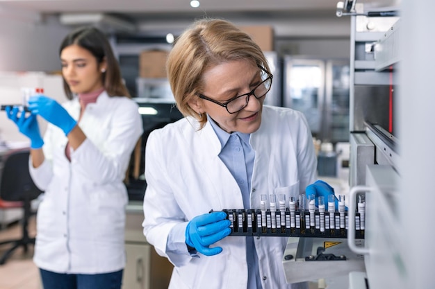 Closeup Female Research Scientist Takes Test Tube with Blood Sample before Putting them Into Medical Analyzing Equipment Scientist Works in Modern Pharmaceutical Laboratory