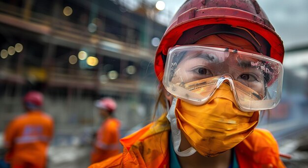 Photo closeup of a female worker with safety goggles and a hard hat at a site