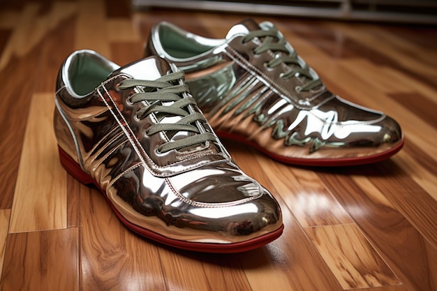 Closeup of fencing shoes and foils on a polished wooden floor