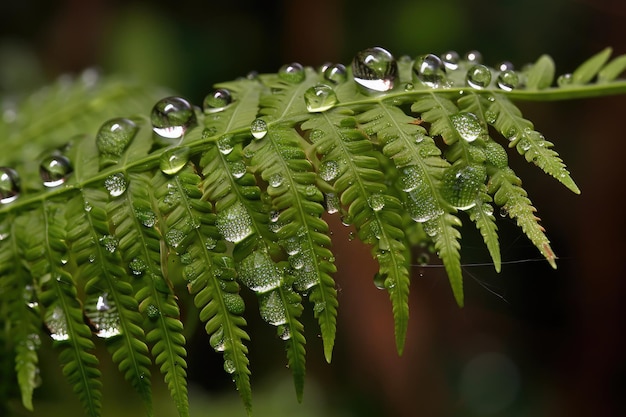 Closeup of fern fronds with dewy droplets