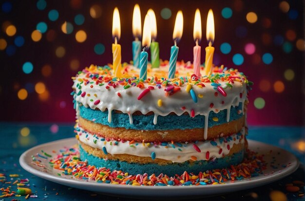 Closeup of a festive birthday cake with vibrant sprinkles and candles ablaze