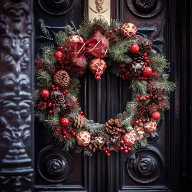Closeup of a festive Christmas wreath on a door AI