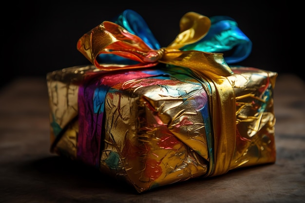 A closeup of a festive and colorful present