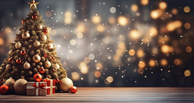 Closeup of Festively Decorated Outdoor Christmas tree with bright red balls on blurred sparkling