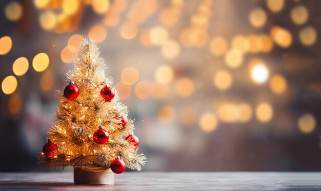 ぼやけて輝く上に明るい赤いボールを持つお祭り的に飾られた屋外のクリスマス ツリーのクローズ アップ