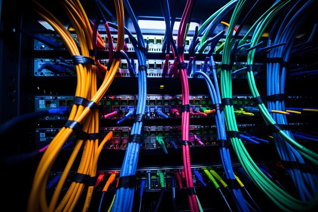 Photo closeup of fiber optic cables connected to servers