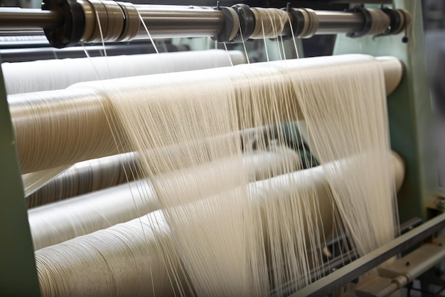 生産施設の高速織機で織り込まれているグラスファイバーストランドの拡大図