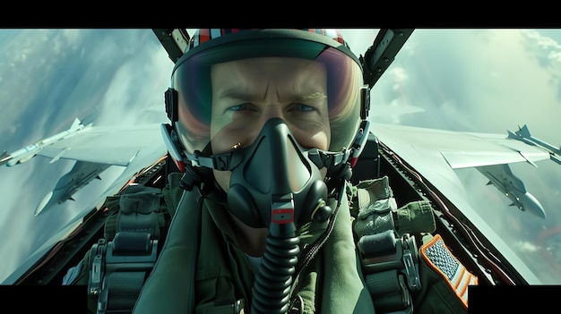 Photo a closeup of a fighter pilot in his helmet and oxygen mask he is looking at the camera with a determined expression