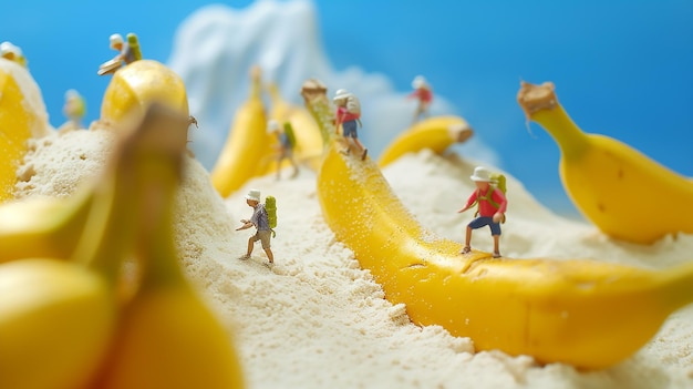 CloseUp Of Figurines working on the banana Over pink Background