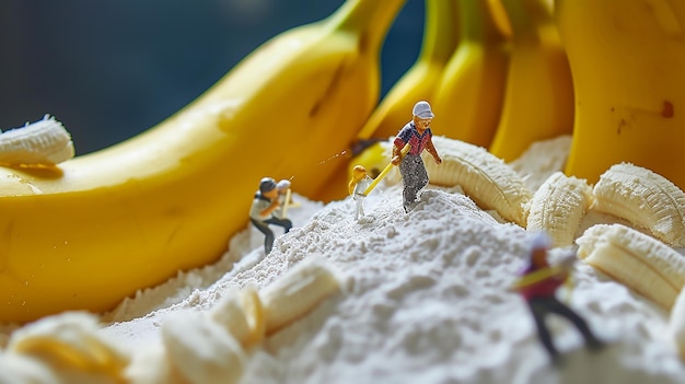 CloseUp Of Figurines working on the banana Over pink Background