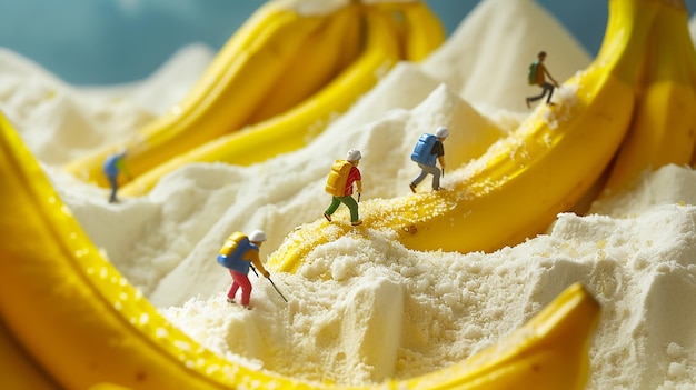 CloseUp Of Figurines working on the banana Over pink Background