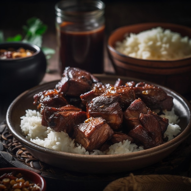 Closeup of filipino adobo with rice and herbs