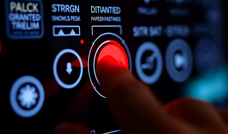 Photo closeup of a finger pressing a red button on a futuristic control panel