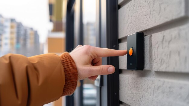 Closeup finger of unrecognizable man pushing doorbell button in entryway of apartment building Clo