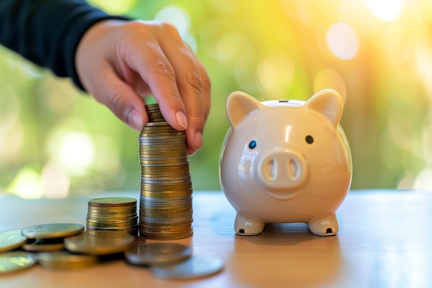 Closeup of fingers stacking coins beside a piggy bank