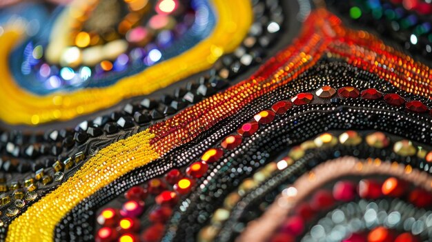 A closeup of a finished textile adorned with beads and sequins in a traditional design however