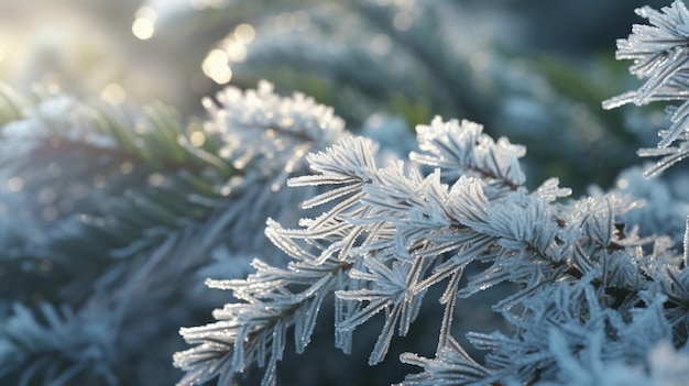 夜明けの太陽を背景に雪片を持つモミの枝のクローズアップ Chri Generative AI