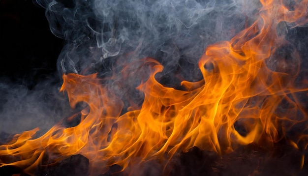 Closeup of fire flames with smoke on black background Intense blaze