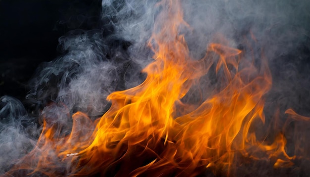 Closeup of fire flames with smoke on black background Intense blaze