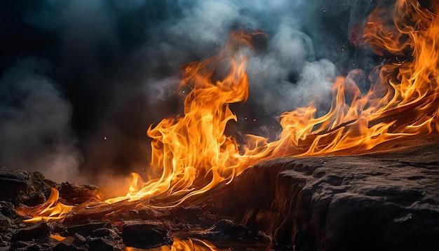 Closeup of fire flames with smoke on black background Intense blaze