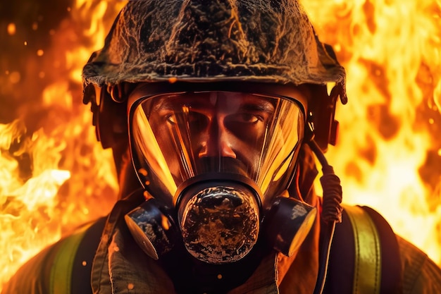 マスクを着用した消防士のクローズアップ 気候変動と地球温暖化が世界中で山火事の傾向を促進する中、山火事と闘う