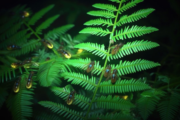 Closeup of fireflies resting on vibrant ferns created with generative ai