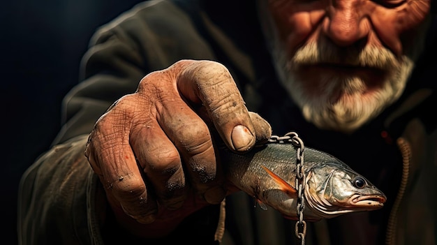 Closeup of a fisherman's hands holding a fishing hook The hands tell stories of patience and expertise Generated by AI