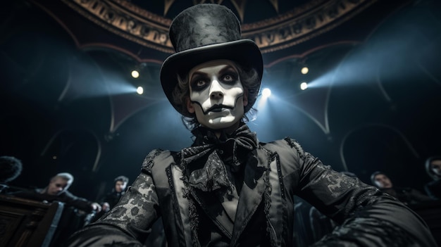 CloseUp FishEye of an Actor in Gothic Attire on a Theater Stage