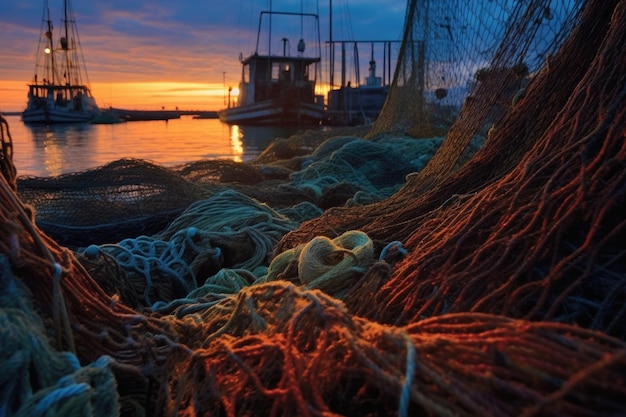 Closeup of fishing trawlers nets and ropes at dusk created with generative ai