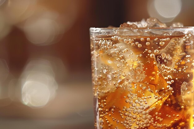 Closeup of a fizzy mocktail with ice in a glass