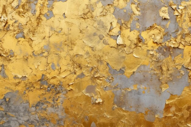 Closeup of flaking gold paint on a concrete wall