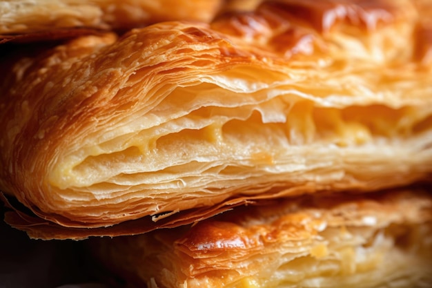 Photo closeup of flaky puff pastry turnover showing the layers and flakiness created with generative ai