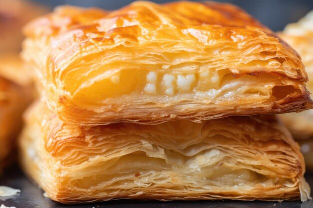 Photo closeup of flaky puff pastry turnover showing the layers and flakiness created with generative ai