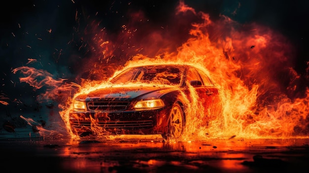 A closeup of flames engulfing a car