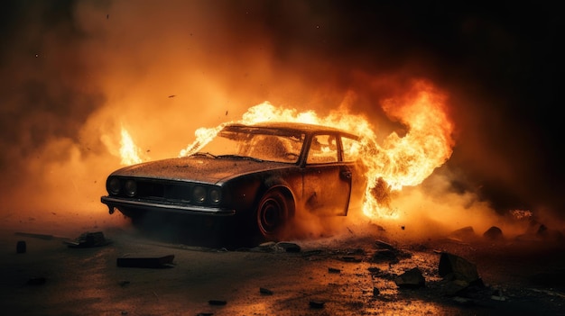 A closeup of flames engulfing a car