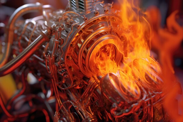 Closeup of a flaming hot rod engine created with generative ai