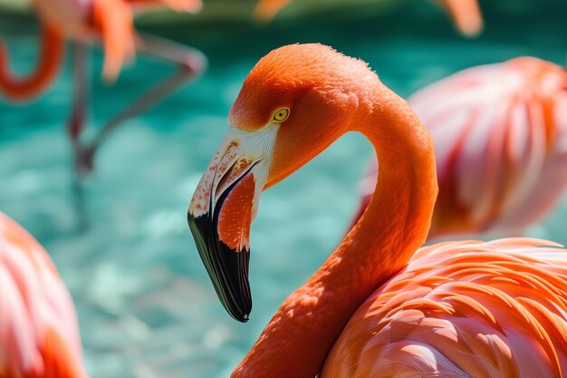 A closeup of a flamingo in the sea
