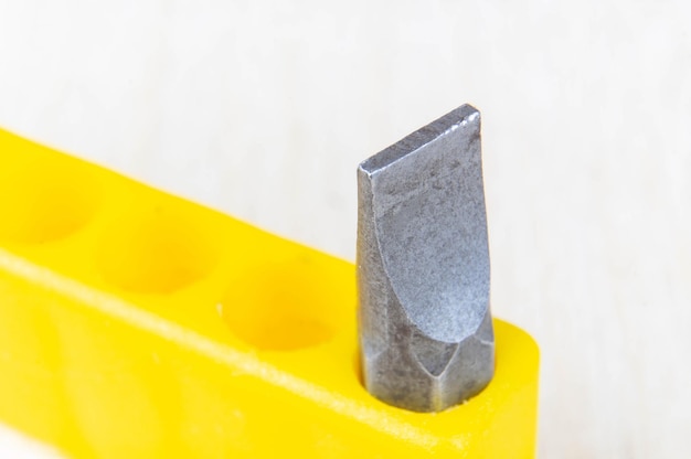 Closeup of a flathead type screwdriver bit