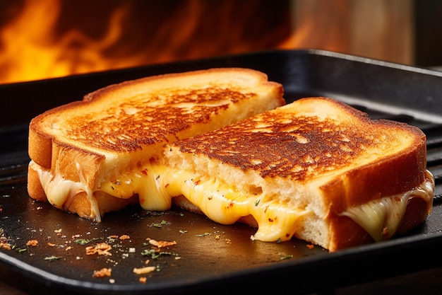 Closeup of flipping a grilled cheese sandwich in a pan