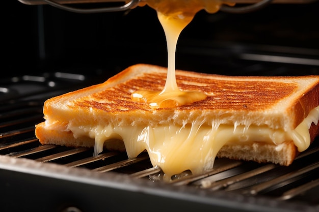 Closeup of flipping a grilled cheese sandwich in a pan