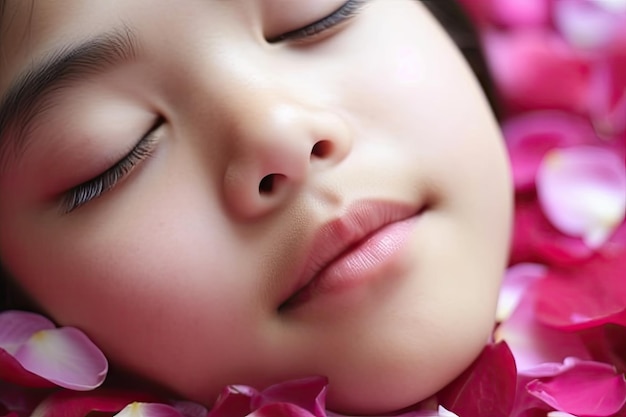 Closeup of flower petals resting on girls cheek