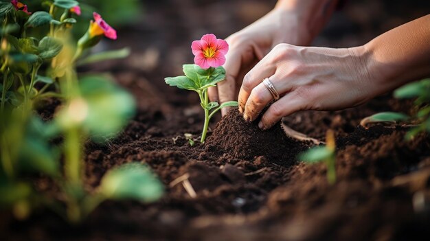 Closeup of flower seedlings being planted in the garden