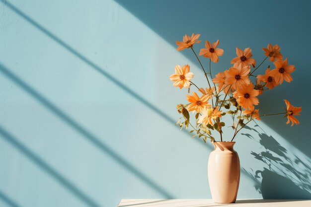 Closeup flower with shadow of sunlight on blue wall with copy